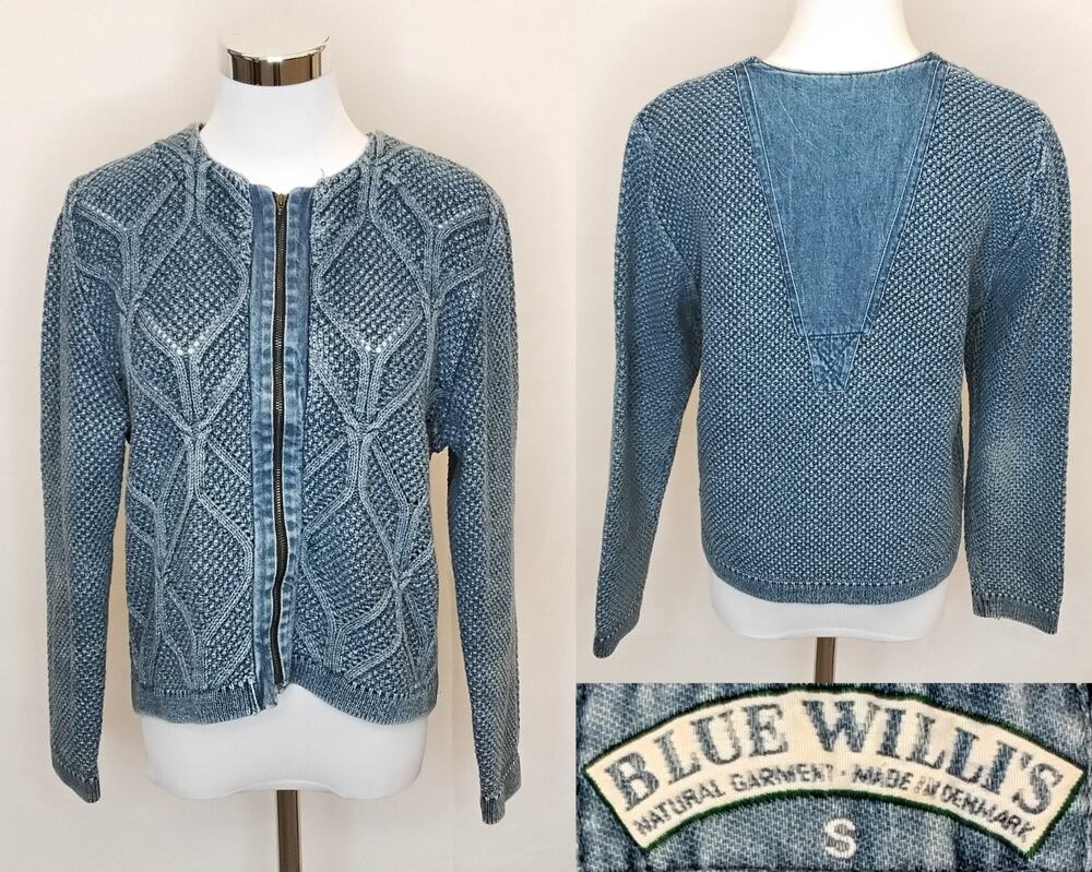 Blue Willi's Sweater Women's S Blue Cable -Knit Cotton & Denim Jacket #Z5760